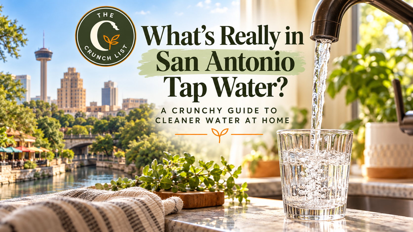 San Antonio tap water guide featuring a kitchen faucet pouring water into a glass with the San Antonio skyline and The Crunch List logo in the background.