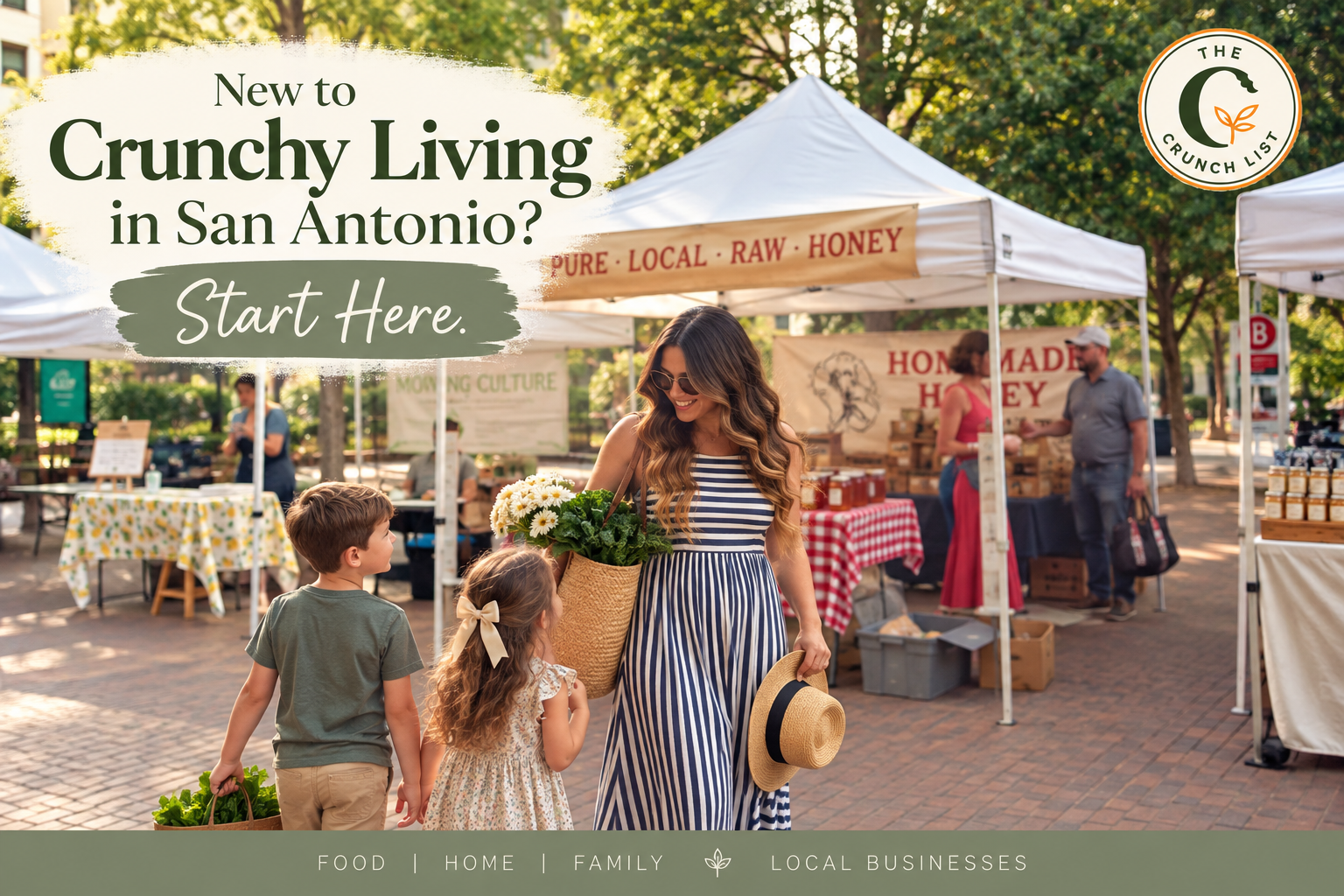 Family shopping at a local farmers market in San Antonio for fresh produce and local food, featured in The Crunch Guide’s beginner guide to crunchy living in San Antonio.
