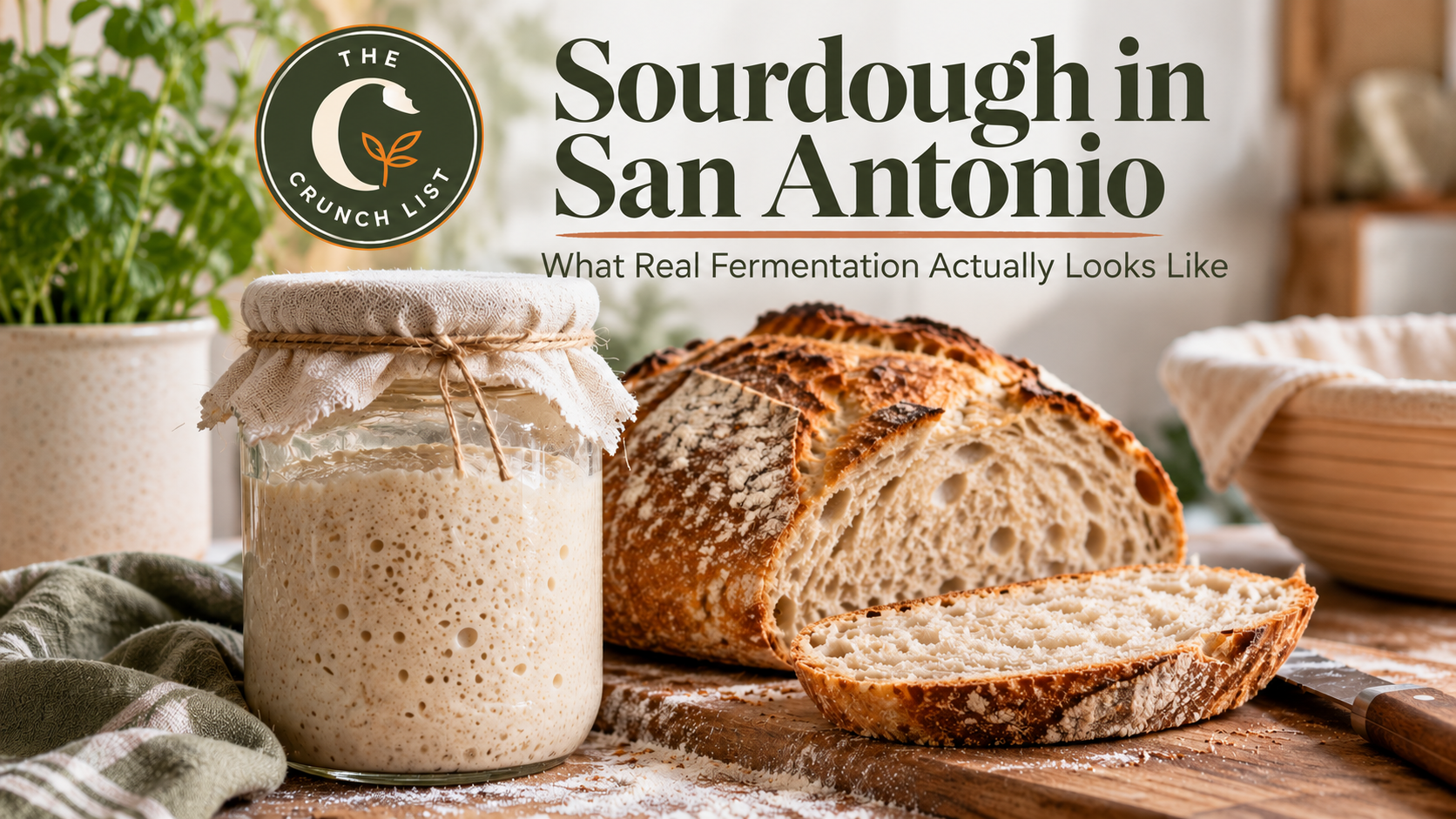 Freshly baked artisan sourdough loaf beside a bubbly sourdough starter jar in a rustic kitchen, featuring The Crunch List guide to real sourdough fermentation in San Antonio.