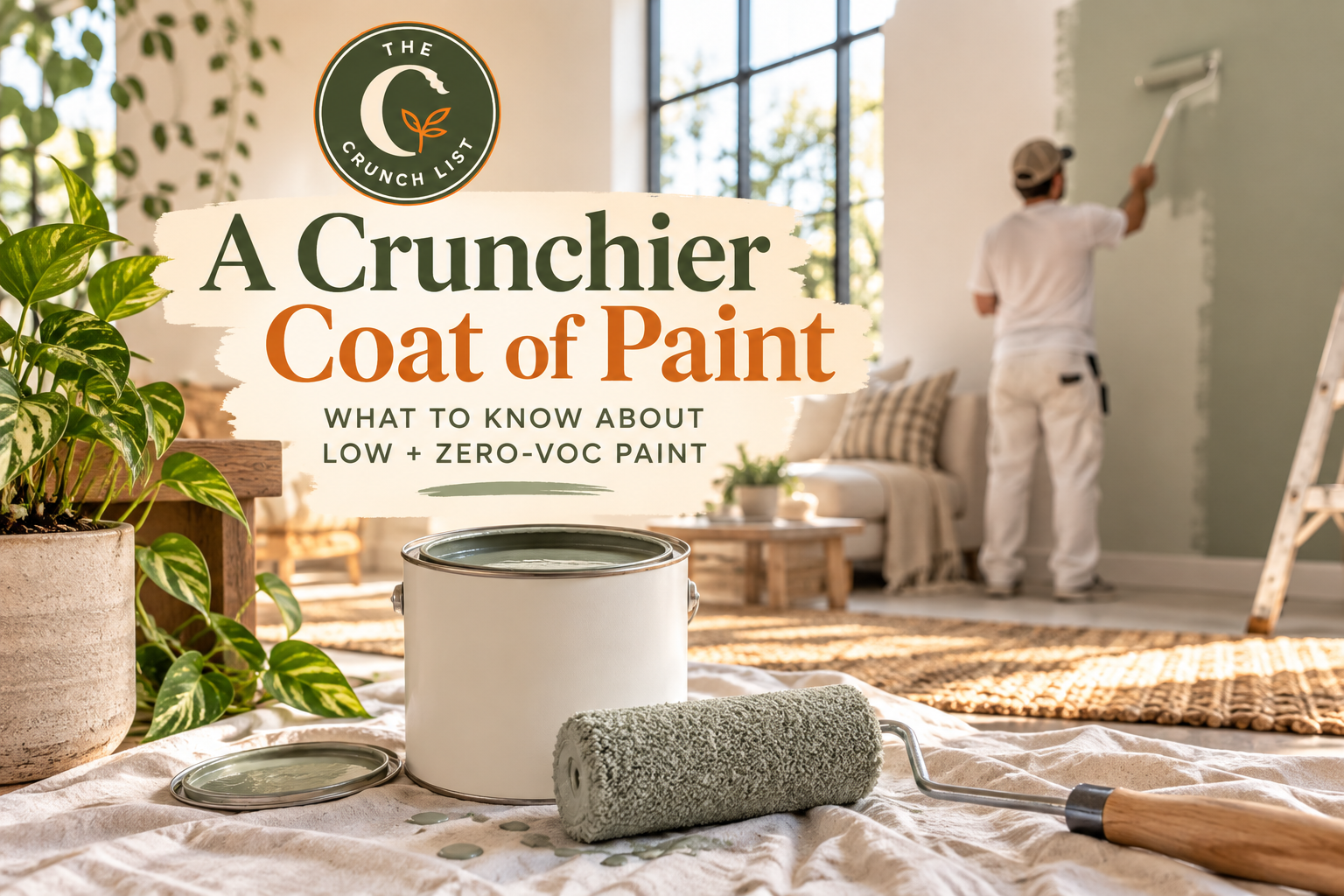 Painter using zero-VOC paint in a bright San Antonio home, featuring eco-friendly interior painting and The Crunch List.
