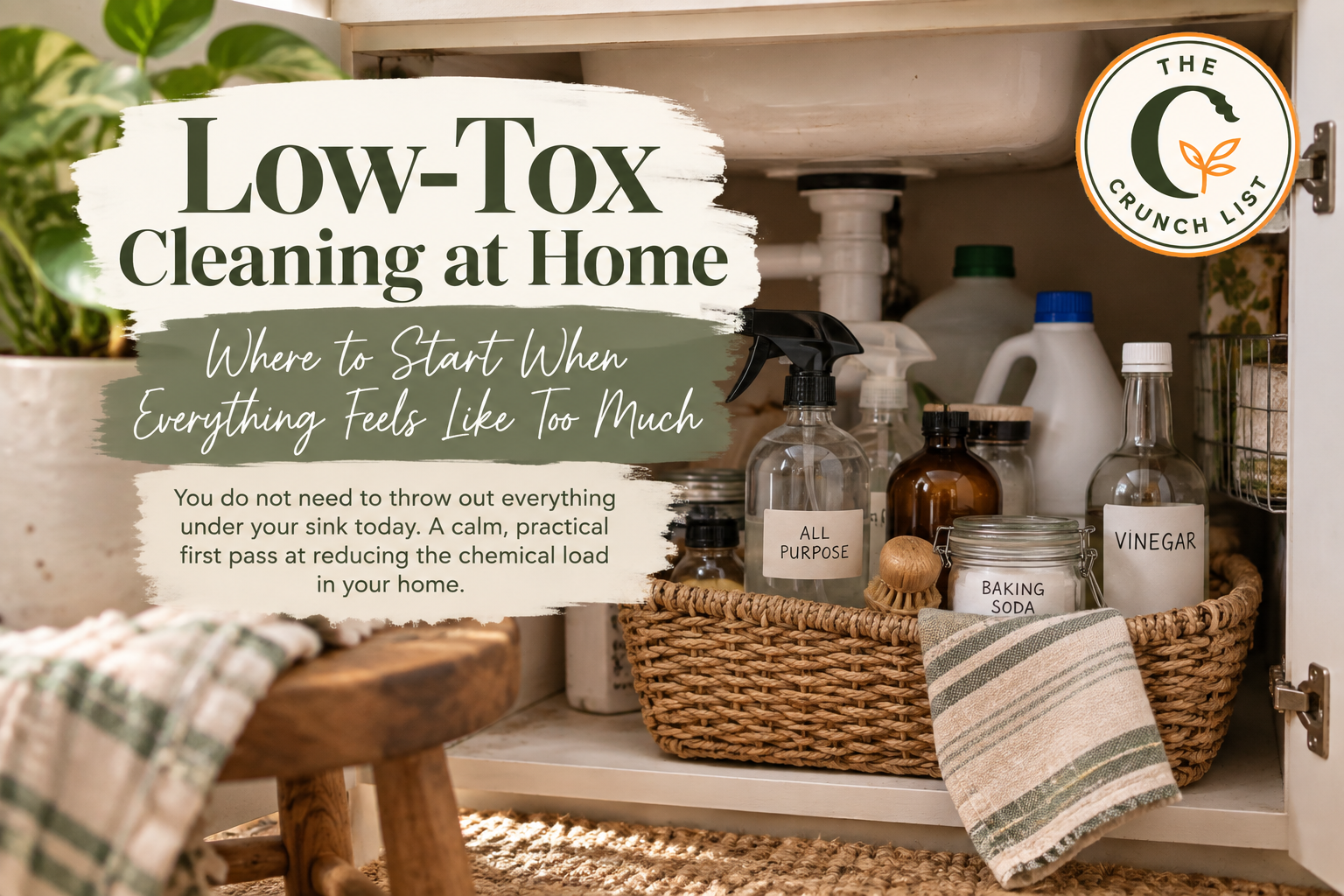 Low-tox cleaning supplies organized under a kitchen sink with reusable cloths, glass spray bottles, vinegar and baking soda, featuring The Crunch List guide to starting a low-tox home cleaning routine.