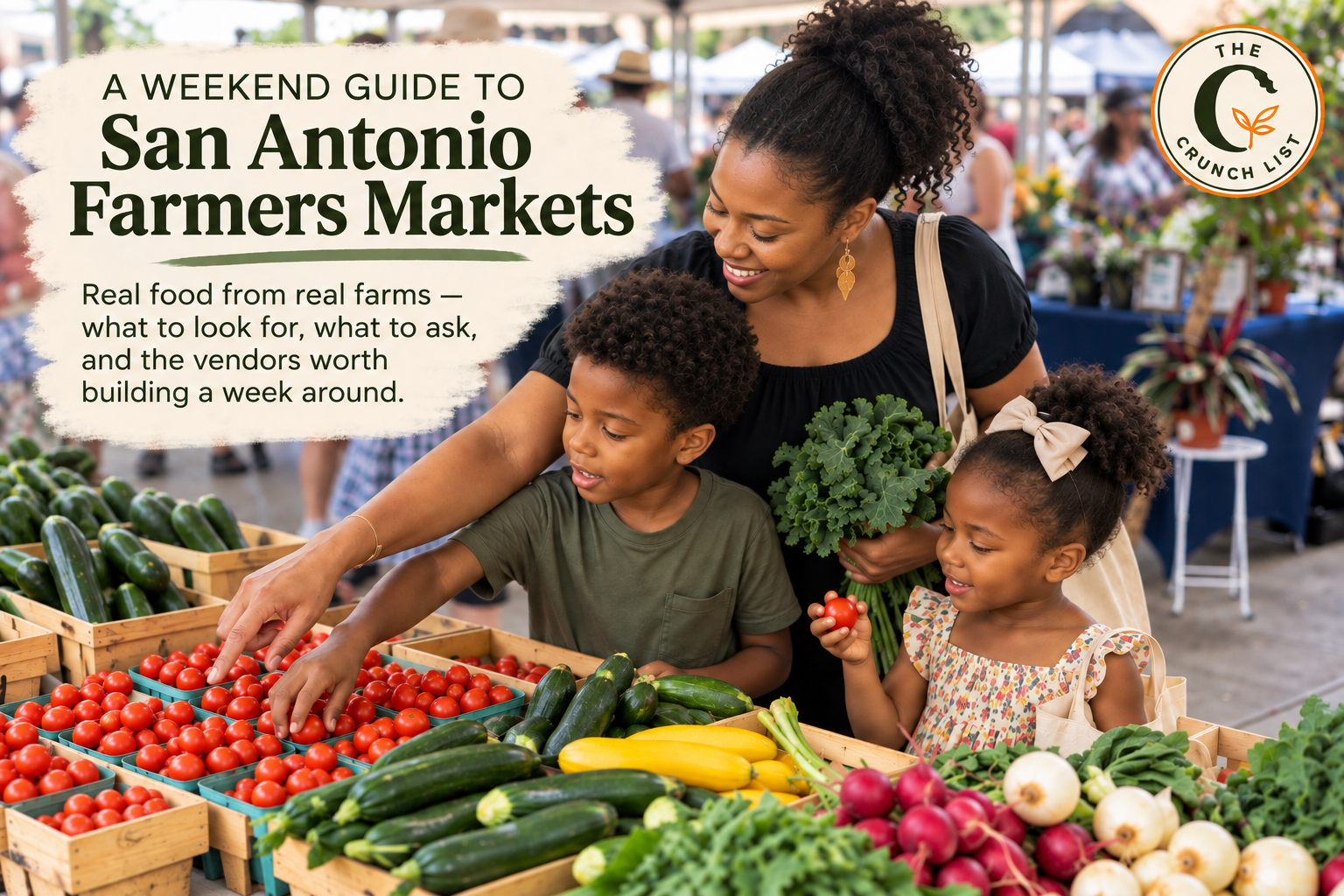 African American family shopping for fresh local produce at a San Antonio farmers market, featuring tomatoes, zucchini, greens and seasonal vegetables.