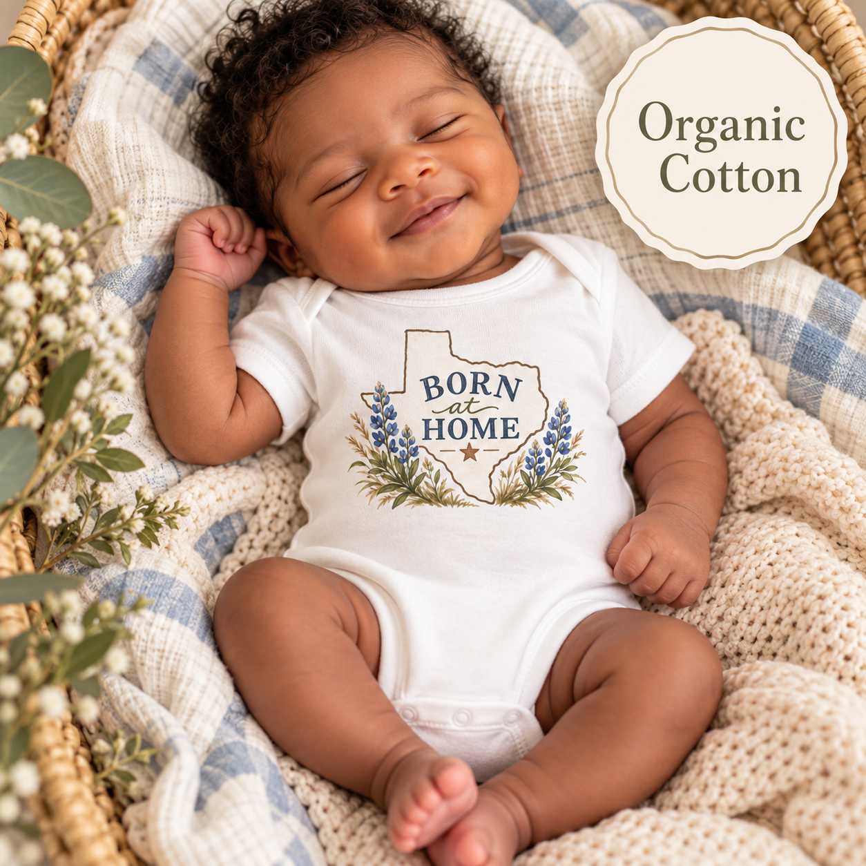 Born at Home Baby Onesie – Organic Cotton Bluebonnet Newborn Bodysuit