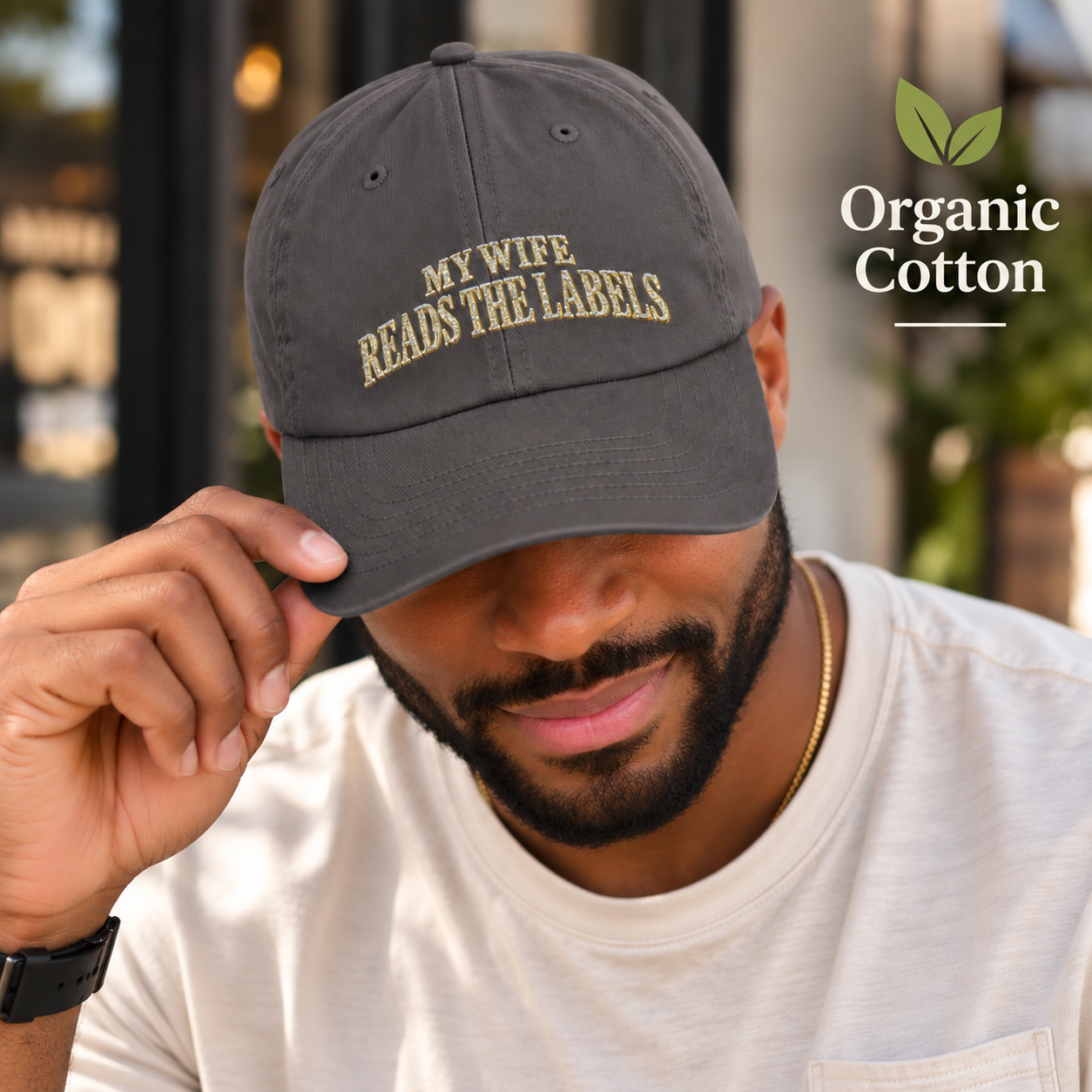Embroidered 'My Wife Reads the Labels' Organic Baseball Cap