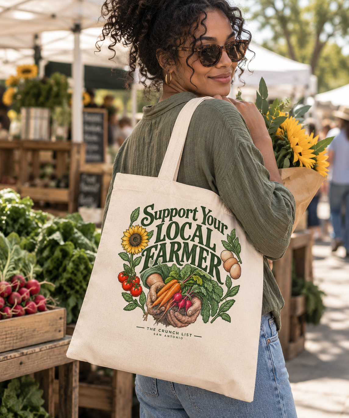 Support Your Local Farmer canvas tote bag with an illustrated design of sunflowers, produce and leafy vines
